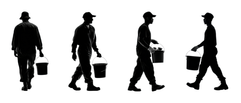 Worker carrying bucket silhouette sequence urban environment PNG set, cut out, isolated on transparent background