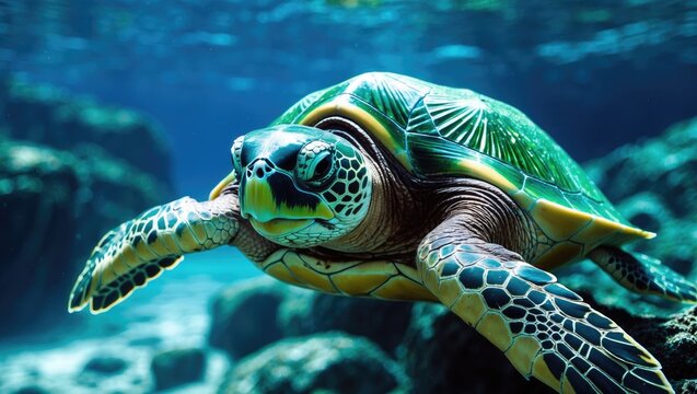 In clear blue waters, a green sea turtle moves gracefully.