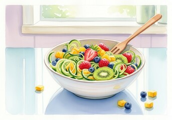 Photo of a watercolor painting of a healthy fruit salad in a white bowl, featuring strawberries, blueberries, kiwi, and mango, with a fork and scattered fruit pieces on a table near a window