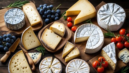 Different kinds of cheese arranged on a wooden board