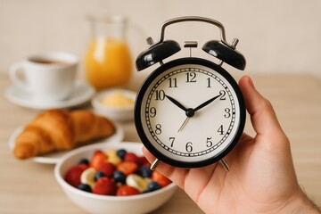 Early morning alarm concept featuring a hand and clock with out-of-focus breakfast background
