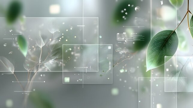 Soft pastel green UI overlays with translucent leaves and branches, clean minimalist design, perfect for technology, digital design, and nature-inspired creative projects.