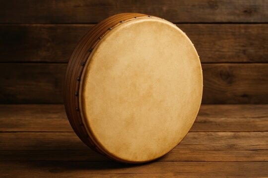 Rebana: A round, flat drum from Malay tribes crafted with a wooden circle frame and goat skin membrane.