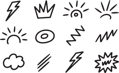 Hand Drawn Doodle Elements Collection Vector Set with Lightning and Sunburst