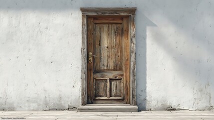 Old wooden door set against a rough concrete wall with sunlight casting shadows