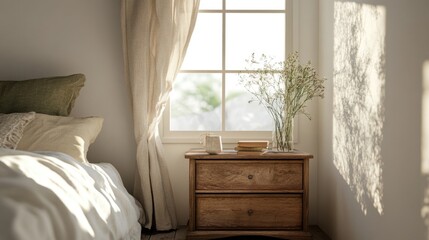 Cozy bedroom with wood and sunlight