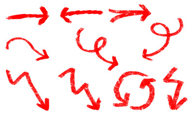 Hand-drawn red arrows PNG. Curved, straight, spiral and sketch marker arrows isolated on transparent background. Decorative arrow set for infographic, presentation, and digital design.