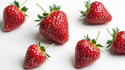 Close-up of a solitary red strawberry featuring a green top against a white background