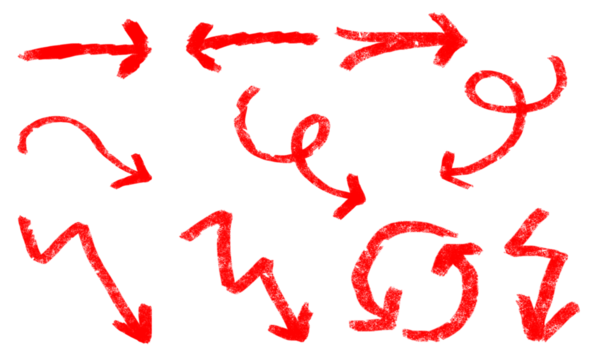 Hand-drawn red arrows PNG. Curved, straight, spiral and sketch marker arrows isolated on transparent background. Decorative arrow set for infographic, presentation, and digital design.