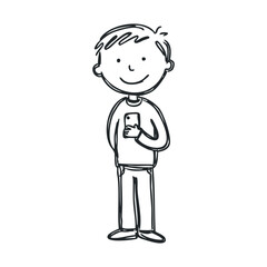 Obraz premium Drawing of a cheerful boy standing with a smartphone in hand
