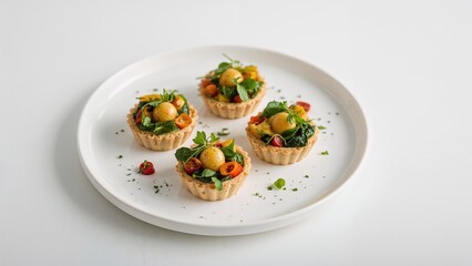 Pastry cups filled with assorted greens and vegetable toppings served on a white plate
