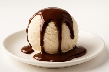 Detailed view of a chocolate-covered ice cream scoop melting on a plate