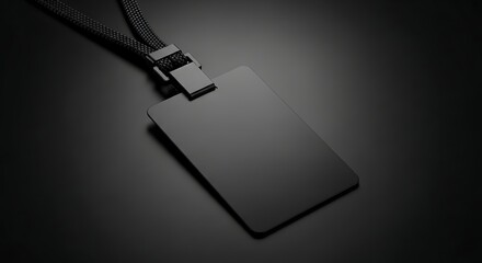 Elegant Black ID Card Badge with Lanyard on Dark Background for Mockups