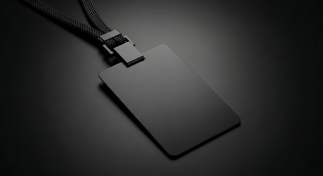 Elegant Black ID Card Badge with Lanyard on Dark Background for Mockups