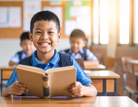 Happy Asian elementary school boy smiling while reading book in classroom education setting