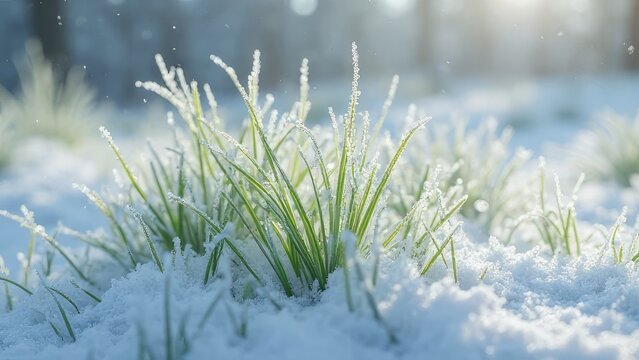 A close up view of green grass covered in frost and snow on a bright winter day in a field outdoors