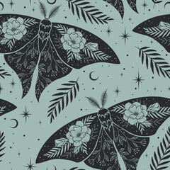 Blue magic seamless pattern with moths. Boho background with space elements stars. Vector graphic.