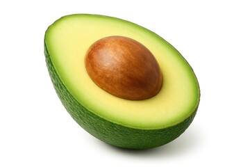 Half of a vibrant green avocado displayed against a white backdrop