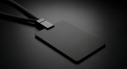 Elegant black lanyard badge mockup on a dark background for branding and corporate identification