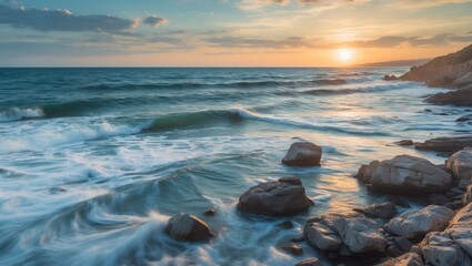 Captivating seascape captured with a long exposure, featuring dynamic waves, rugged rocks, and a colorful sky, perfect for postcards and travel guides.