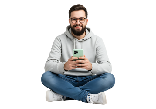 Man with beard and glasses holding a phone sitting cross legged isolated on transparent background
