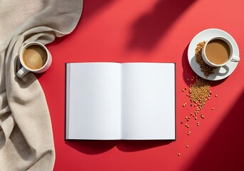 National read a book day cozy morning scene with an open blank notebook and a cup of coffee on a red background with shadows, perfect for study or relaxation