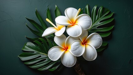 Elegant white flower of the plumeria species on a dark leafy backdrop