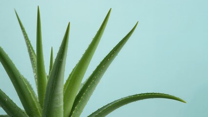 Obraz premium Macro shot of a green aloe vera leaf set on a light blue surface
