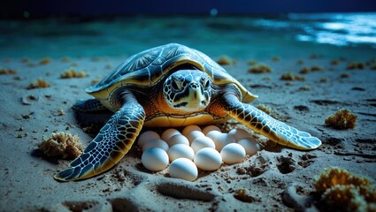 Sea turtle of green coloration laying eggs on the beach