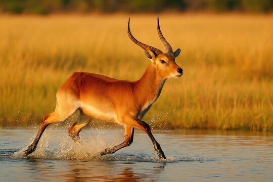 Wildlife encounter featuring an antelope amid golden grasses and flowing waters