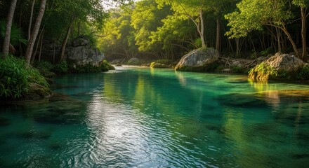 Crystal-clear river winding through a lush tropical forest. Sunlight filters through the trees, illuminating the tranquil water.  Large rocks line the riverbanks