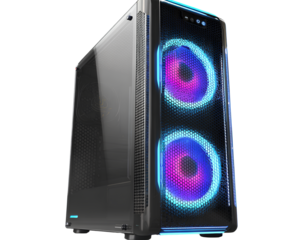 Gaming Desktop Tower with Mesh Front Panel and Dual Cooling Fans Isolated on Transparent Background PNG