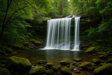 Obraz premium Wide-angle view of a waterfall flowing through dense woodland in a protected natural reserve