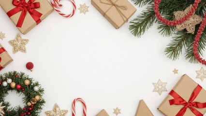 Festive arrangement featuring a holiday wreath and present on a plain white surface