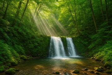 Ryugaeshi Falls bathed in sunlight in the scenic mountain area
