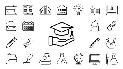 Education and learning icons set representing school supplies and academic concepts
