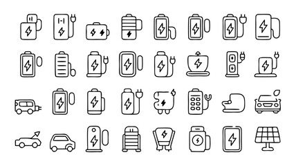 Electric vehicle charging station icons set showcasing eco friendly transport solutions