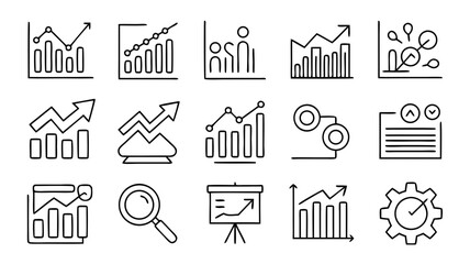 Collection of business data analysis and reporting vector icons for presentations and infographics
