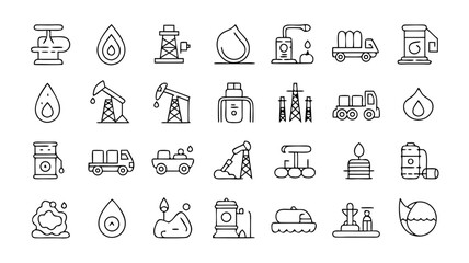 Oil and gas industry vector icons representing energy extraction processing and transportation