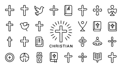 Christian icons set featuring crosses, doves, and bibles in minimalist line art style