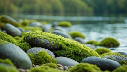 Smooth, mossy pebbles along the water's edge