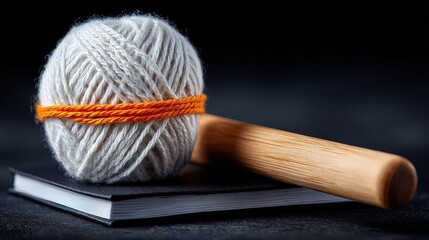 White Yarn Ball With Orange Thread And Wooden Rolling Pin On A Notebook