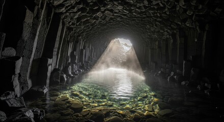 Dark cave tunnel, sunlight stream