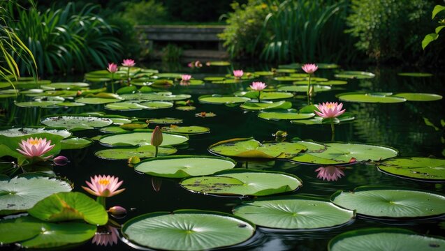 The pond is adorned with floating lily pads
