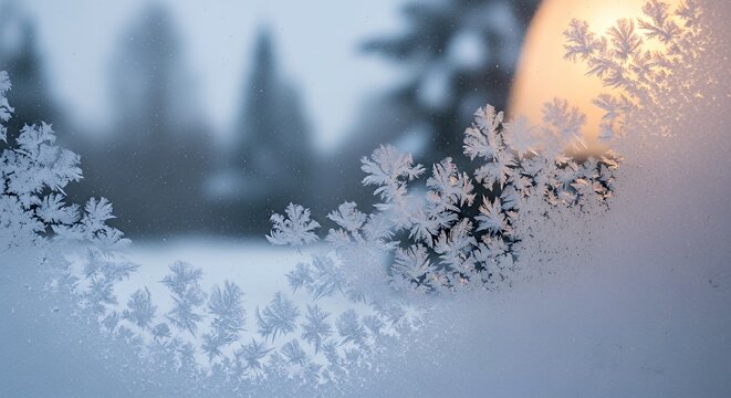 Beautiful ice crystals and intricate frost patterns covering a window pane, offering a blurred view of a serene winter landscape with trees and a warm glow of light in the background. - Powered by Adobe