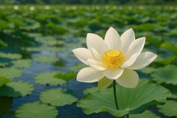 Serene depiction of a blooming lotus plant