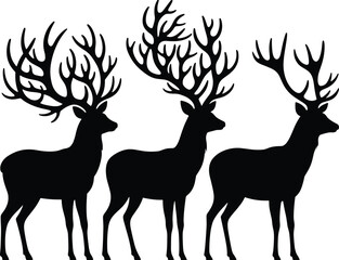 Black and White Silhouette of Deer with Large Antlers – Majestic Wildlife Vector for Forest, Nature, and Hunting Themes