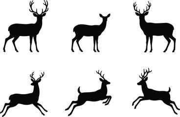 Black and White Silhouette of Deer with Large Antlers – Majestic Wildlife Vector for Forest, Nature, and Hunting Themes