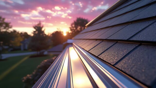 Closeup view of modern roof shingles with metal gutter system reflecting sunset light in suburban residential neighborhood at dusk