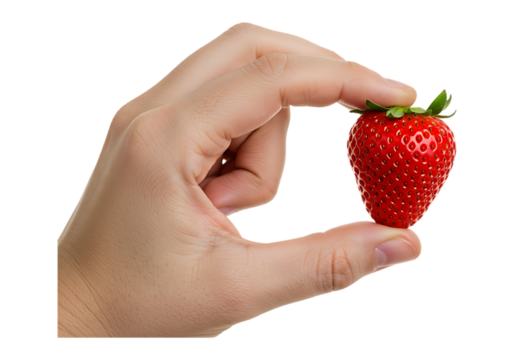 Hand holding a fresh strawberry isolated on transparent background
